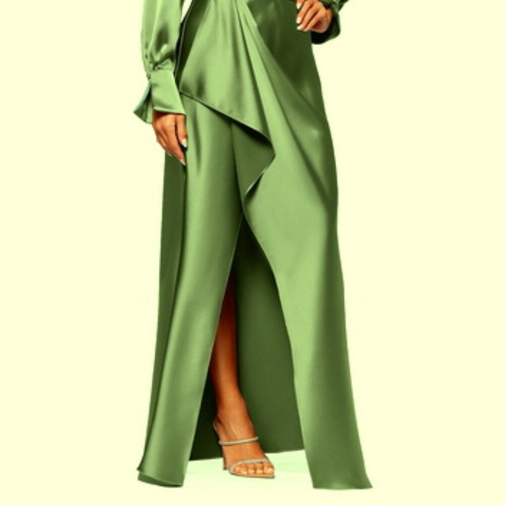 Xscape Olive Green Collar Long Sleeve Satin Gown Dress - Picture 4 of 6